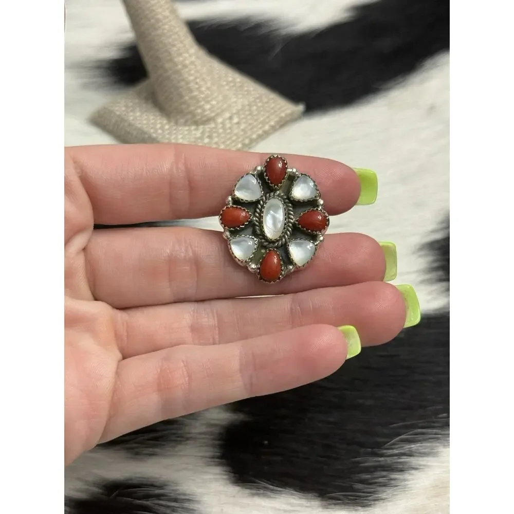 Native American Sterling Silver Red Coral Mother Of Pearl Cluster Flower Ring